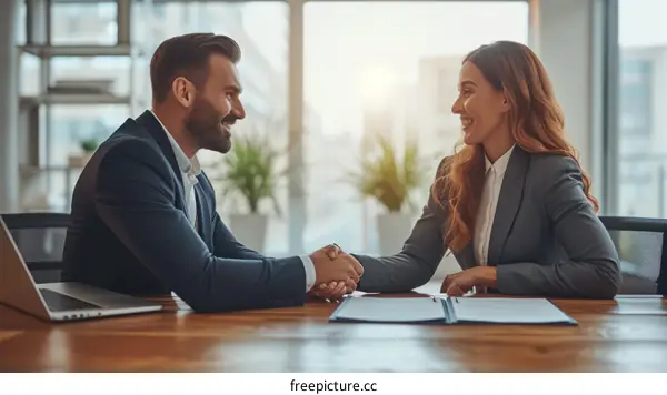 Business handshake agreement between a man and a woman