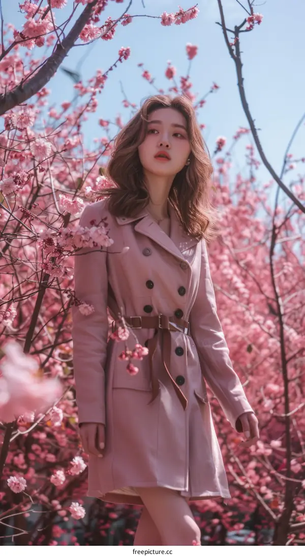 Asian woman in a pink trench coat standing in a field of cherry blossoms