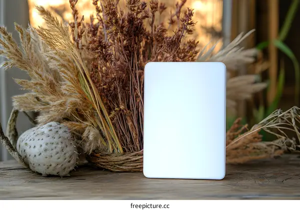 Blank White Frame Mockup With Dried Flowers And  Brown Wooden Background