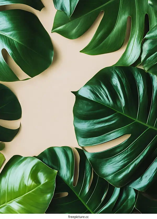 Green Monstera Leaves on Beige Background