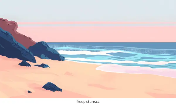 Sea and Sand Illustration, Calm Water, Rocky Shoreline, Sunset Colors