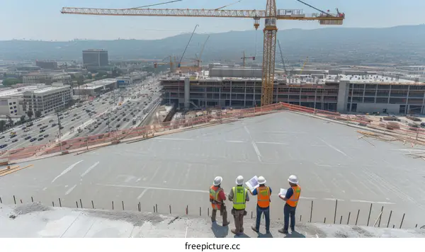 Four construction workers wearing hard hats and safety vests at a building construction site