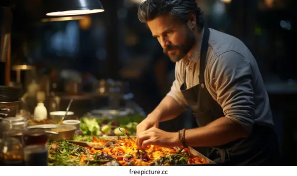 Focused male chef carefully preparing a delicious meal in a commercial kitchen