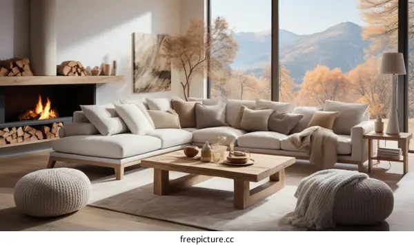 Cozy Living Room with Fireplace and Mountain Views