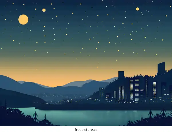 Night Sky Over Cityscape With Stars And Moon