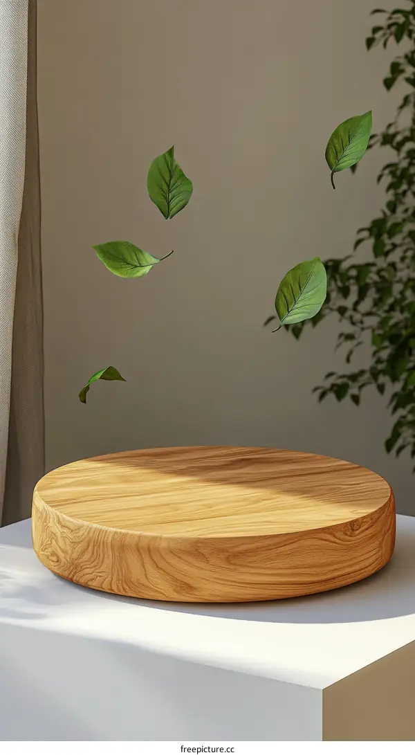 Wooden Display Platform with Floating Leaves