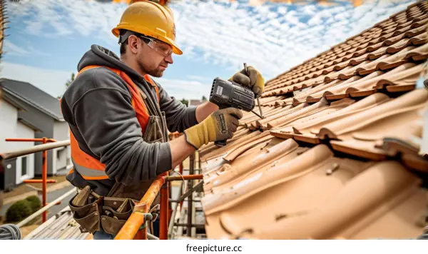 A roofer wearing a hard hat and safety glasses uses a power tool to install a tile on a roof