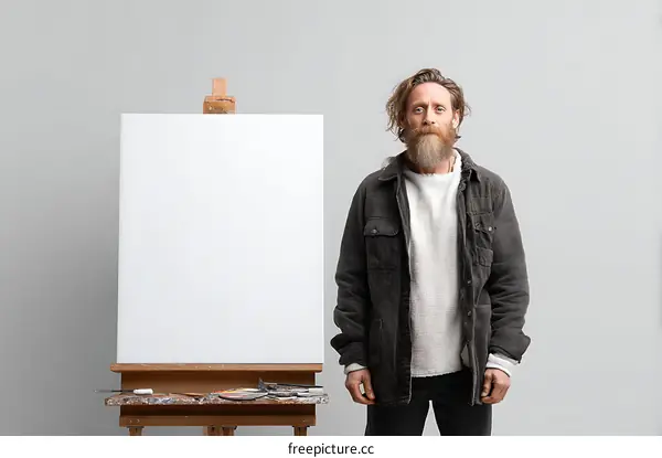Artist Posing in front of Blank Canvas