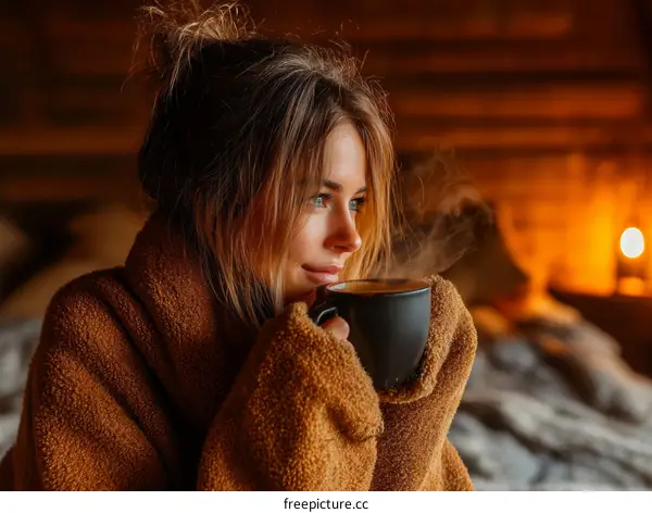 Woman Enjoying Warm Drink by Cozy Fire