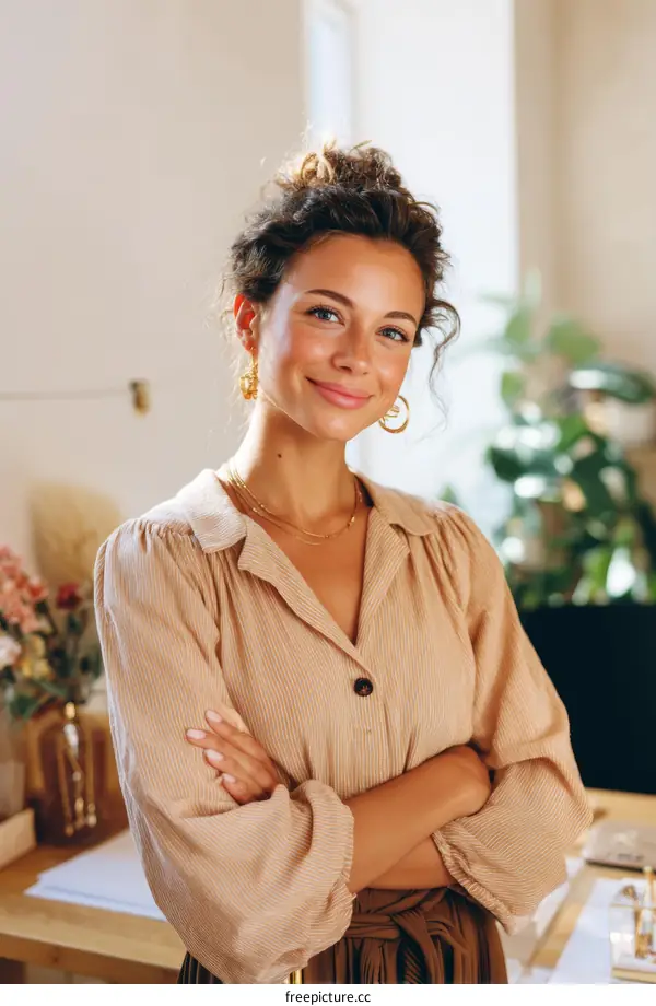 Confident Woman in Beige Button-Down Shirt