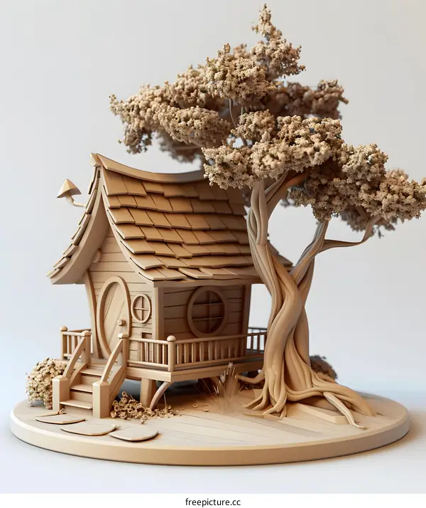 3D Rendered Cartoon Style Wooden House with Tree