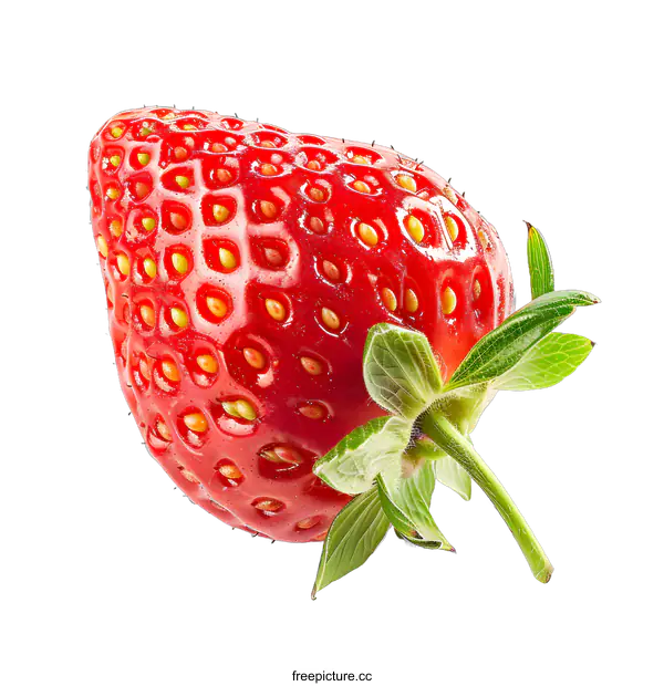 [Transparent Background PNG]Fresh Red Strawberry with Green Leaves Isolated on White Background