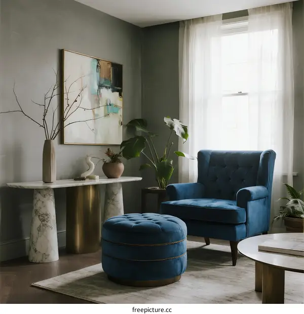 A Modern Living Room with Blue Armchair and Ornamental Plants