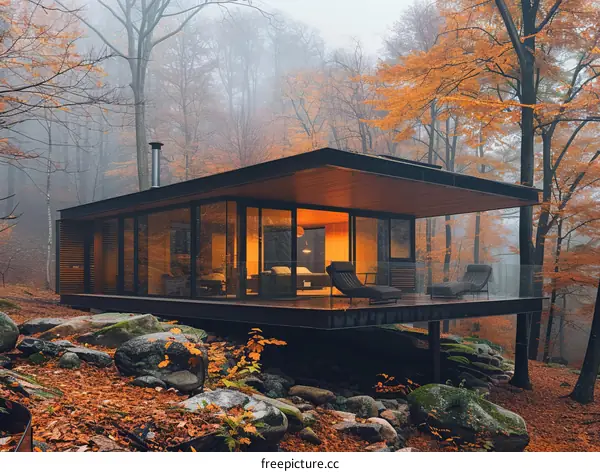 A modern glass cabin in the woods with a view of the fall foliage
