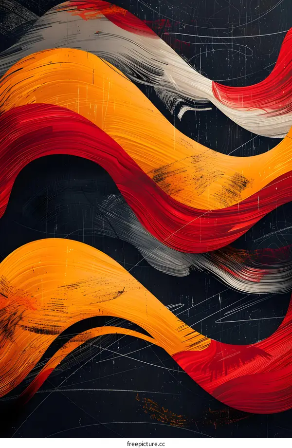 red yellow and gray flowing curves of paint on a black background