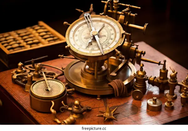 A collection of vintage brass and metal navigational instruments and tools on a wooden table