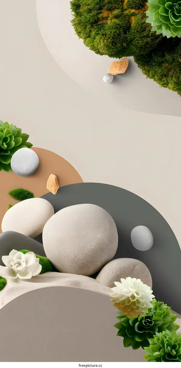 Abstract Green and White Minimalist Background with Stones and Flowers