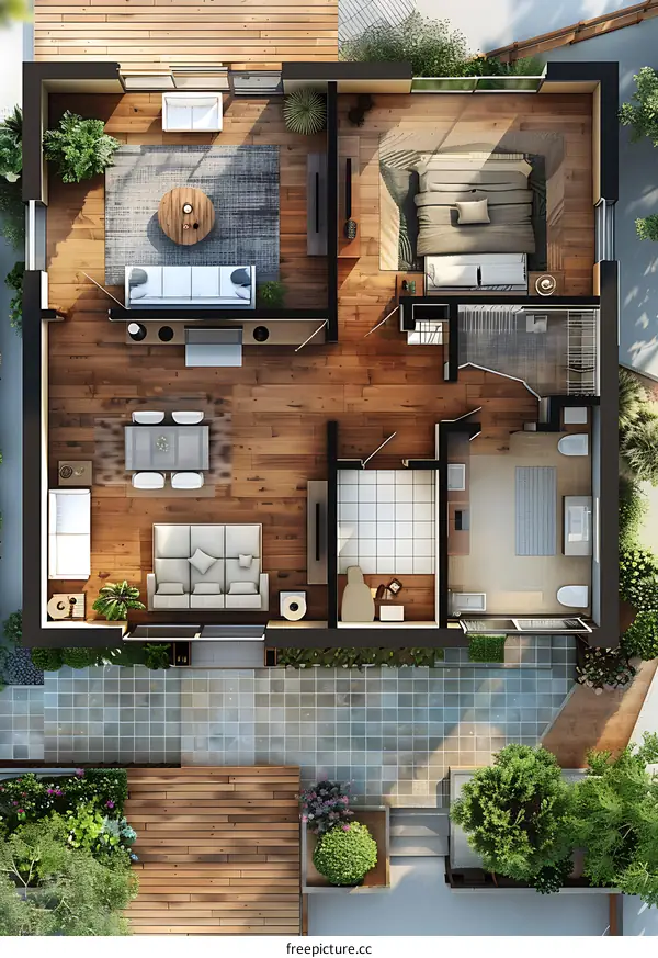 Top view of a modern house with terrace and garden