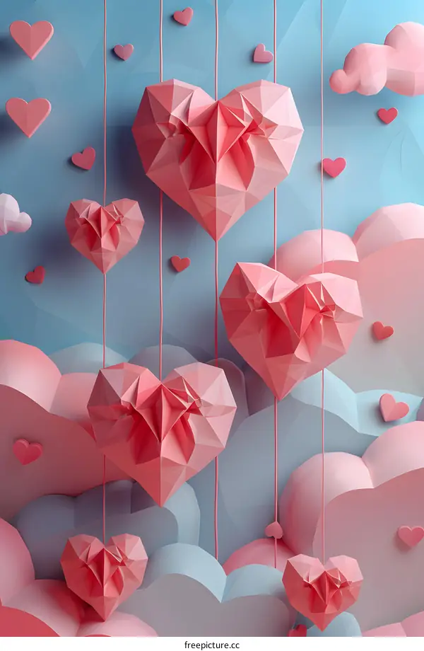 Pink Origami Hearts Hanging in the Air
