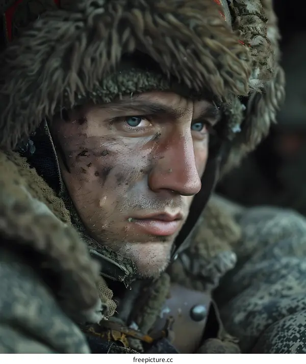 Portrait of a soldier wearing a fur hat and camouflage