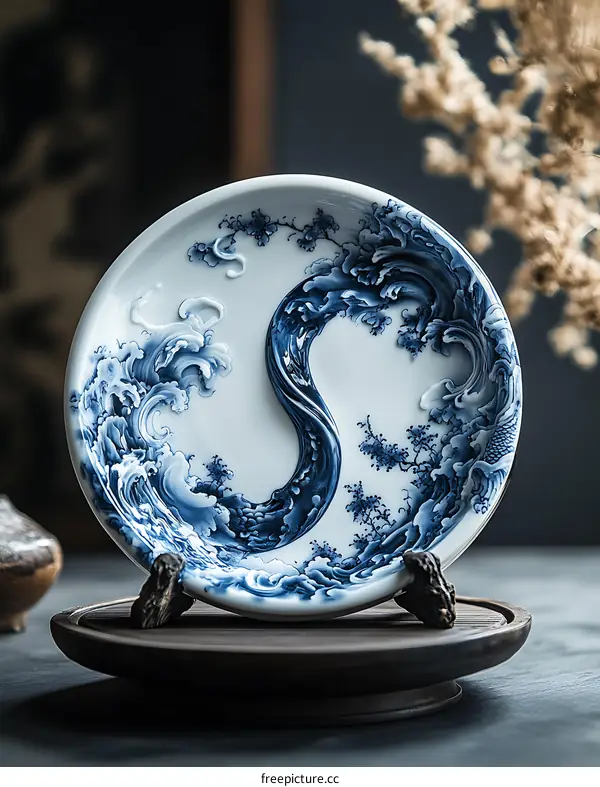 Blue and White Porcelain Plate with Wave Design