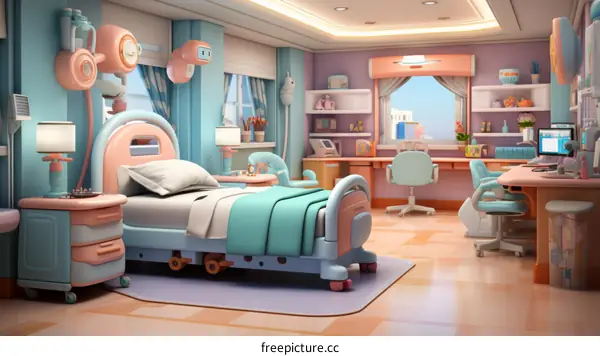 Spacious and Colorful Hospital Room with Bed, Desk, and Computer