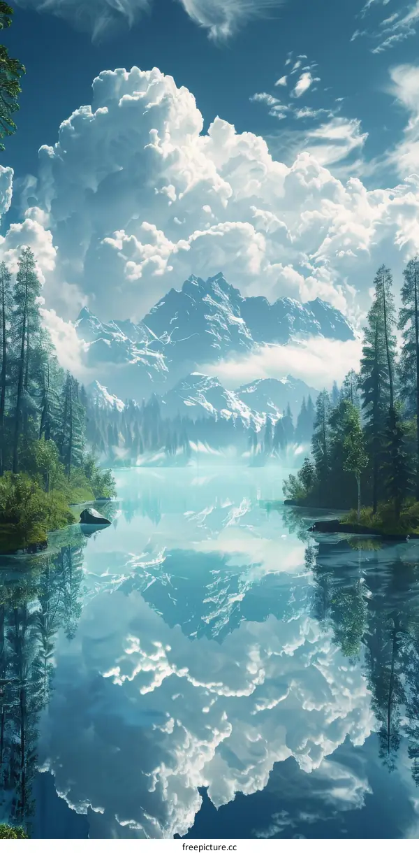 Fantasy landscape with mountains, lake and forest