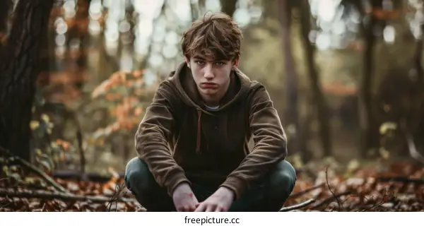 A teenage boy is squatting in the woods