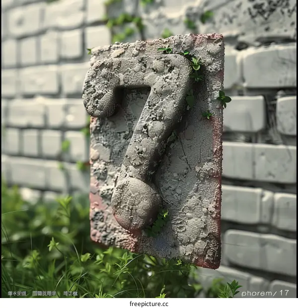 Weathered Concrete Slab with Number Seven Overgrown with Moss and Vines