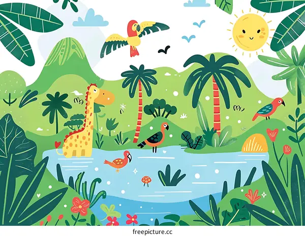 Jungle Animals Illustration With Giraffe Parrot Palm Trees And Sun