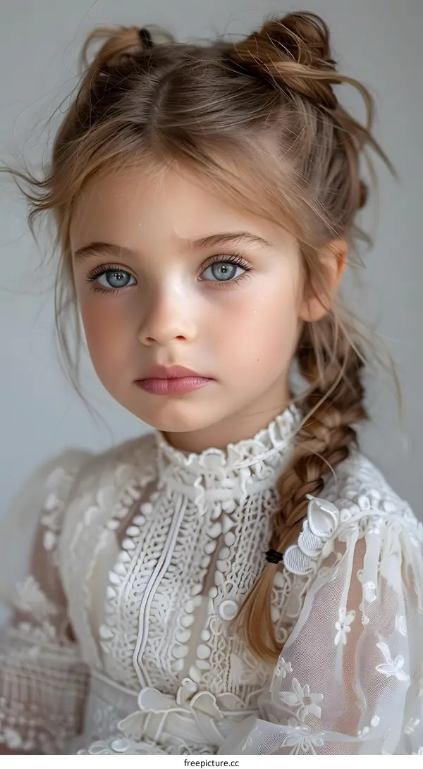 Portrait of a Little Girl with Blonde Hair and Blue Eyes Wearing a White Dress