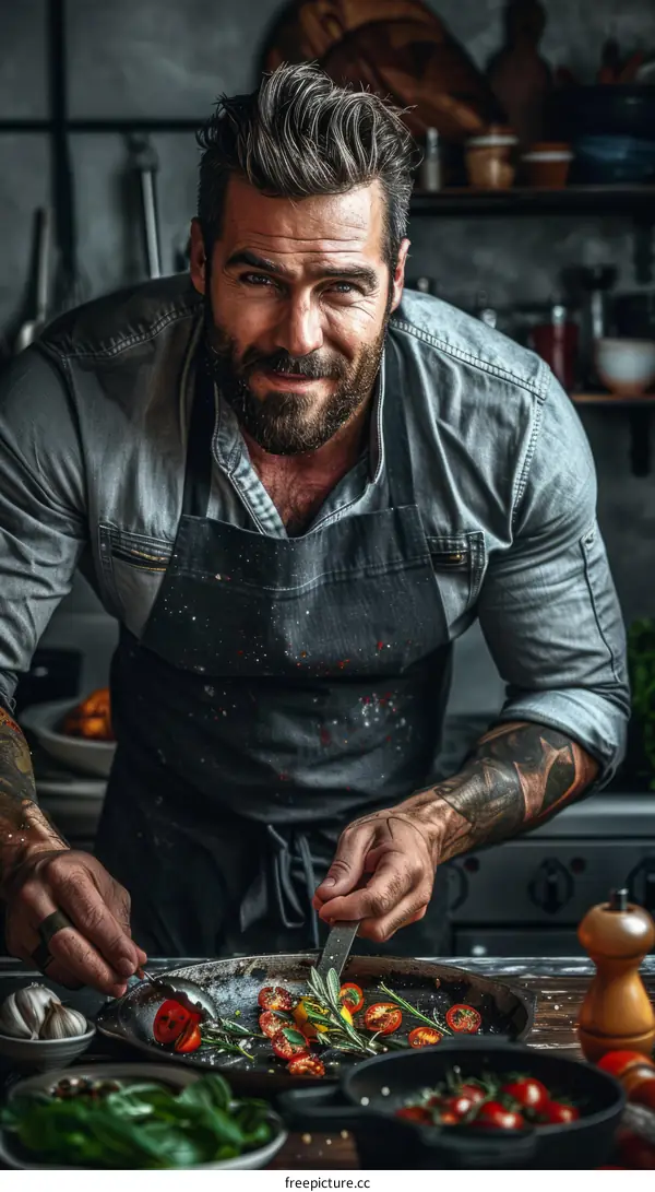 Confident male chef is cooking in the kitchen