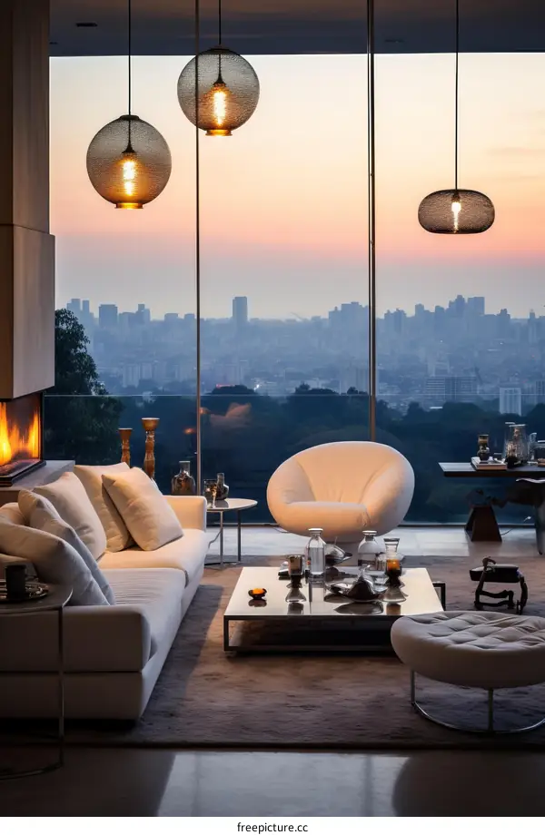 Modern living room interior with city view at sunset