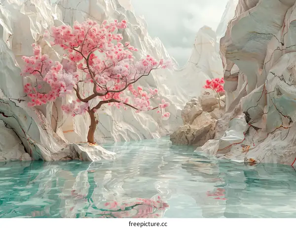 Pink Cherry Blossoms in a Marble Canyon