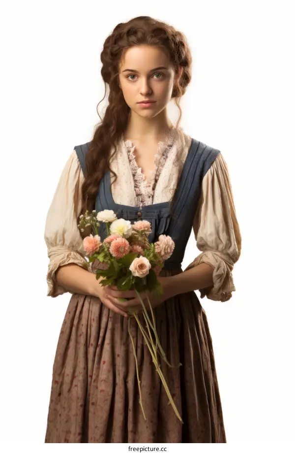 Portrait of a Young Woman in Blue Dress with Flowers