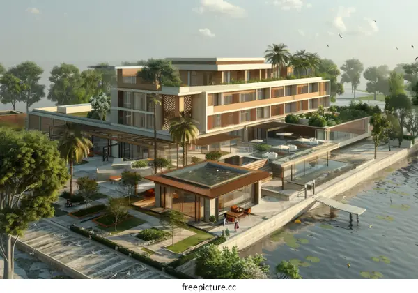 Modern Lakeside Resort Complex with Lush Landscaping