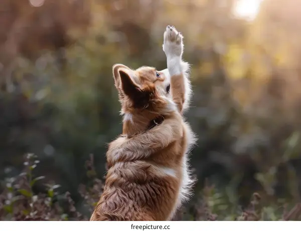 A happy dog is playing outside in the woods