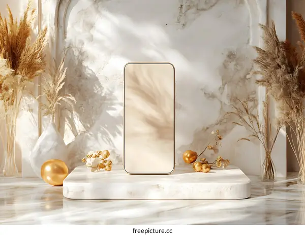 Golden Phone Mockup on Marble Podium with Dried Flowers