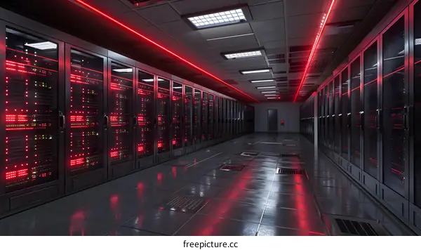 Server room with red lighting