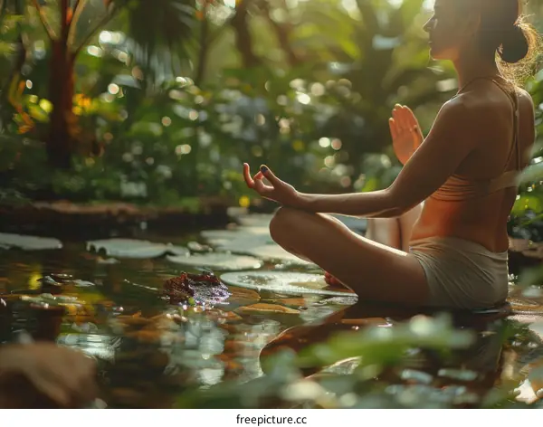 meditating woman in a tropical setting