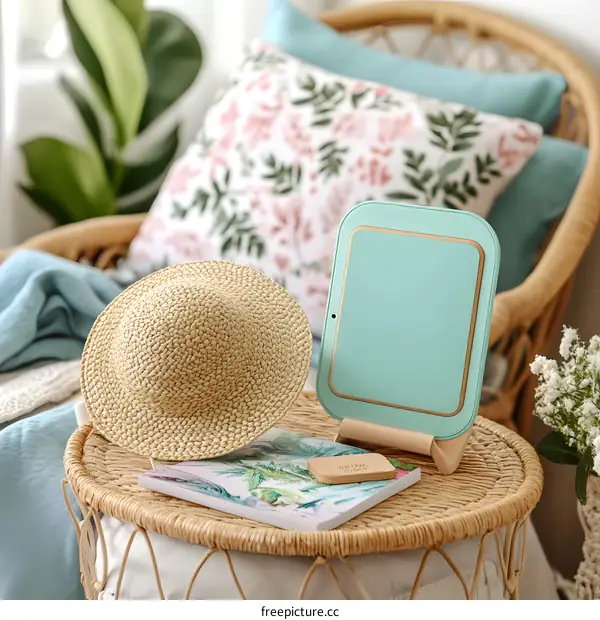 Mint Green Frame Mirror on a Wicker Table