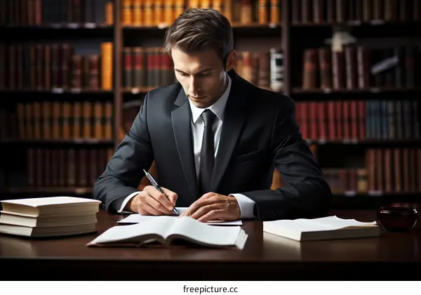 Young male lawyer working at his desk in a library