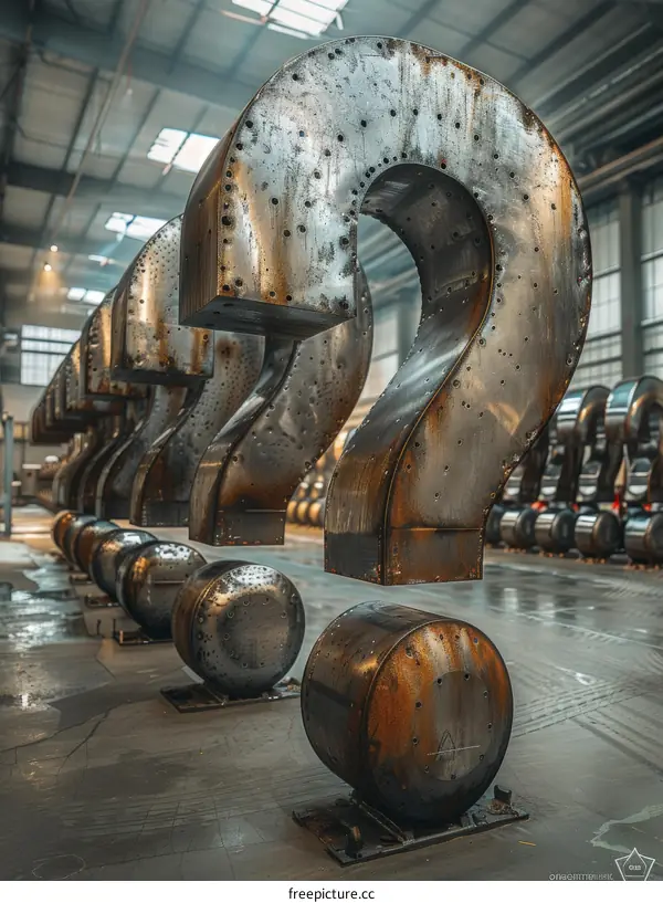 Industrial Metal Question Marks in a Factory Setting