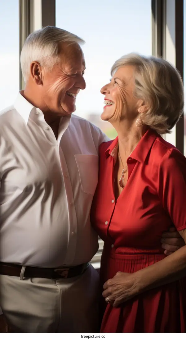 Happy elderly couple laughing together