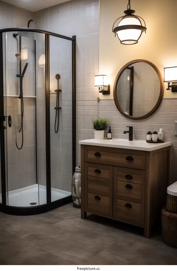 Contemporary Bathroom with Large Corner Shower and Dark Wood Vanity