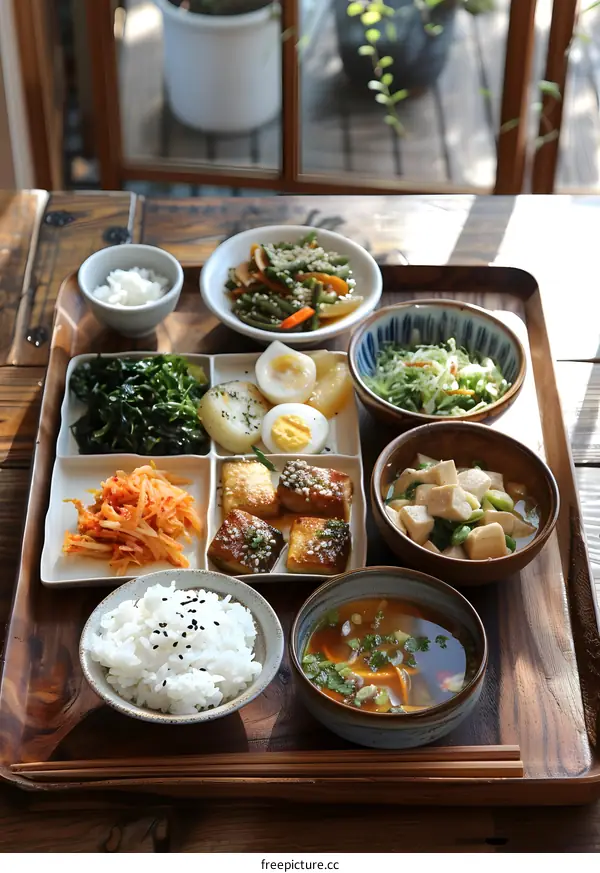 Traditional Japanese meal on a wooden tray