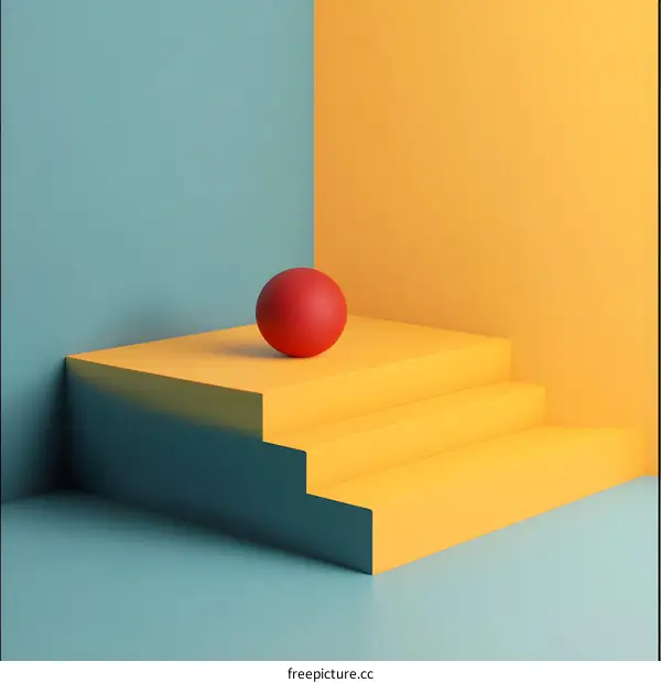 Abstract Red Ball on Yellow Stairs Minimalist 3D Rendering