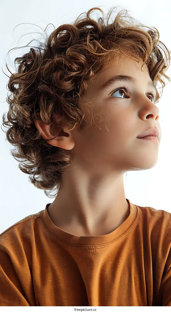 Portrait of a Young Boy with Curly Hair Looking Up