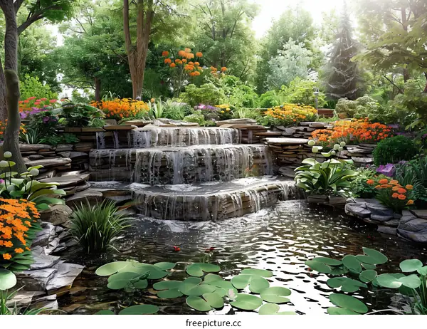 Waterfall in a Lush Green Garden with Flowers and Plants