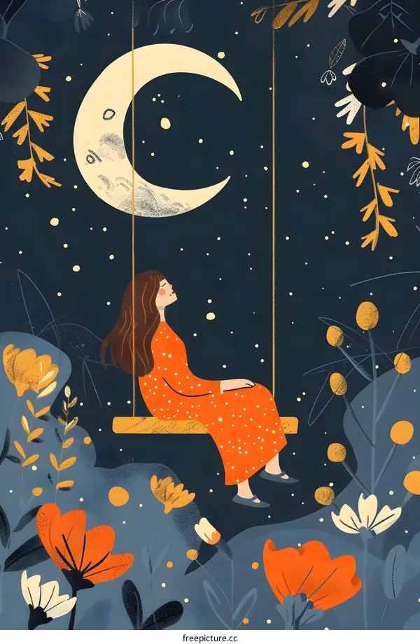 Woman Sitting on a Swing Under the Moon
